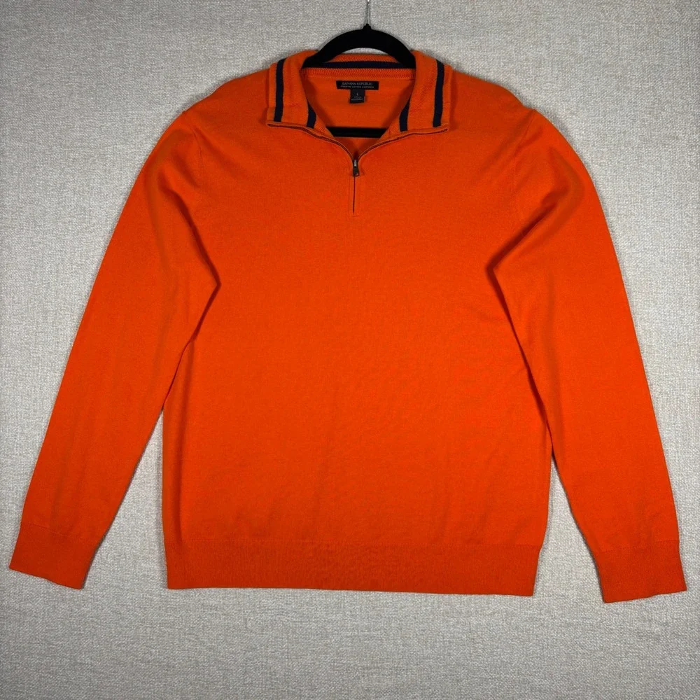 Banana Republic Mens Large Orange Cotton Cashmere Quarter Zip Sweater Striped